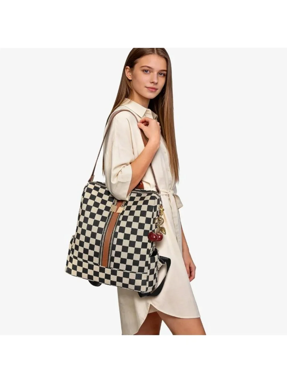 Checkered Small Backpack Purse for Women | Stylish Handbag with Cherry Pendant